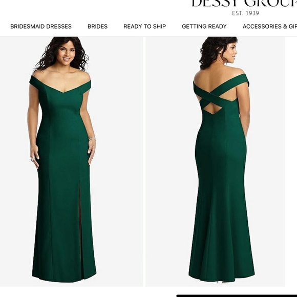 Dessy Collection Off The Shoulder Criss Cross Back Trumpet Gown Hunter Green 2 - Picture 1 of 11